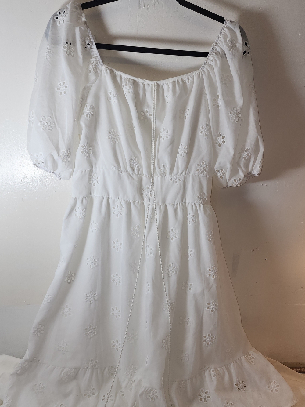 White Eyelet Puff-Sleeve Midi Dress with Tie Waist